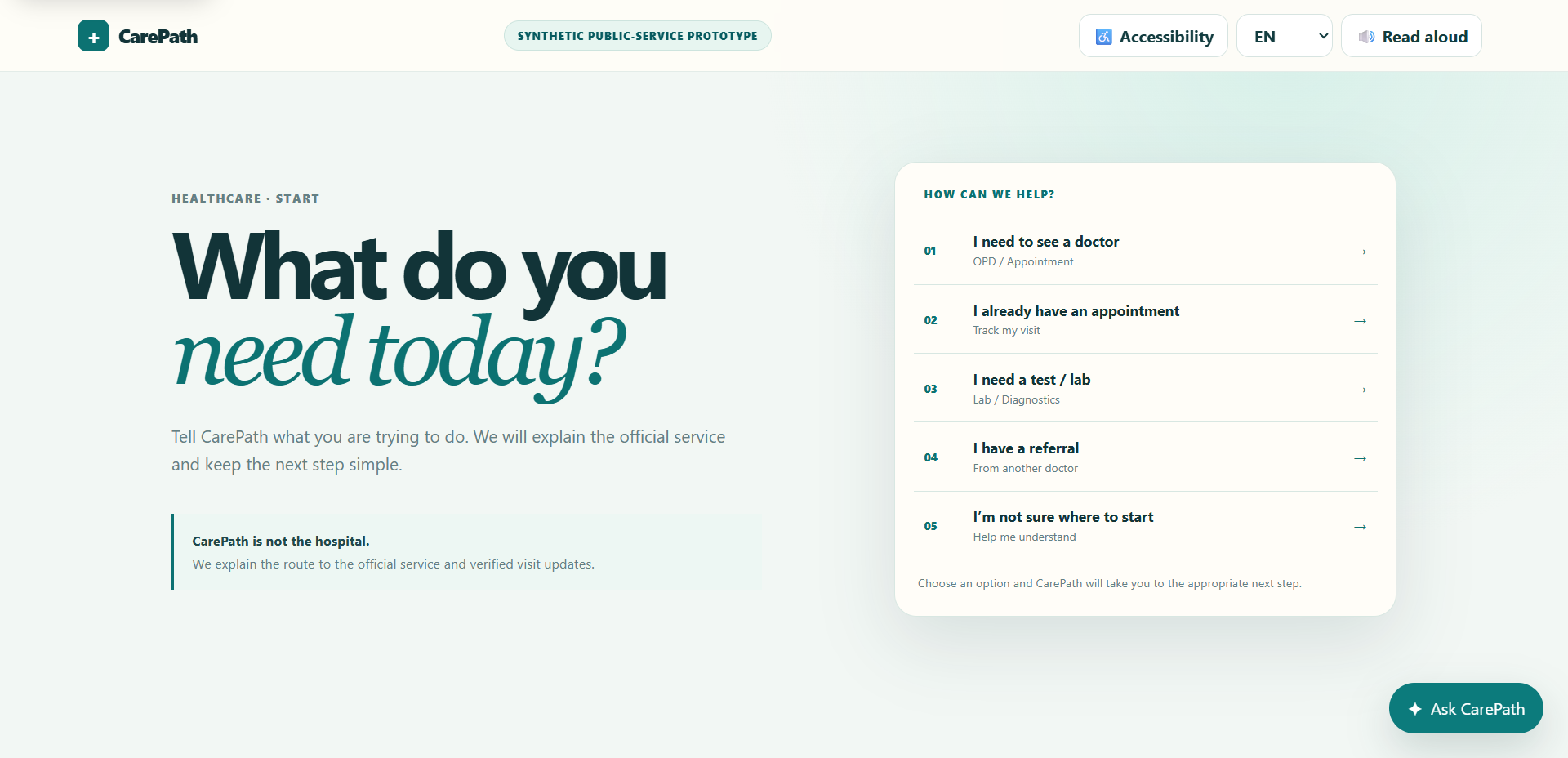 CarePath service selection screen