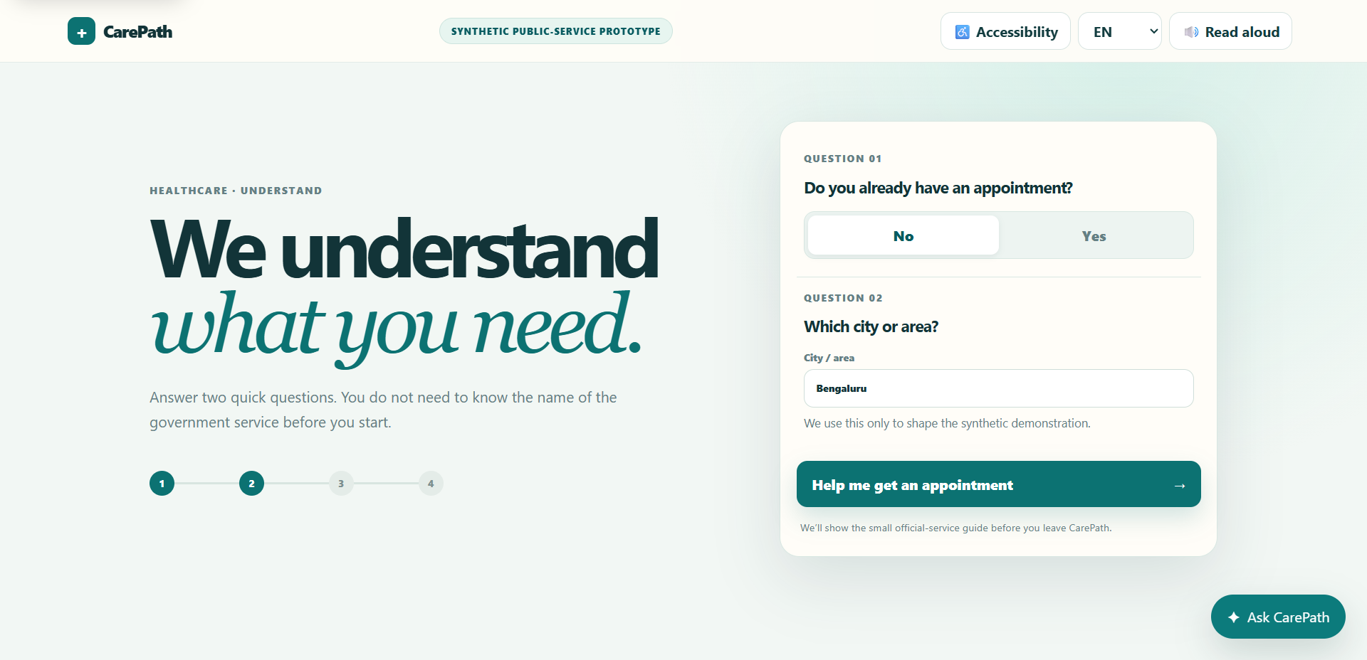 CarePath guided questions screen