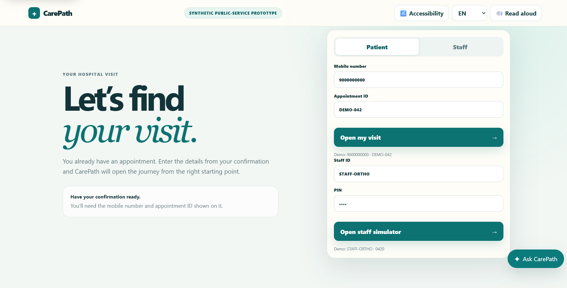 CarePath find your visit screen